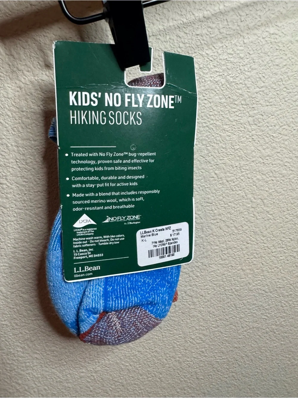 NWT LL Bean Kids No Fly Zone Hiking Socks Size L 3-6 Merino Wool